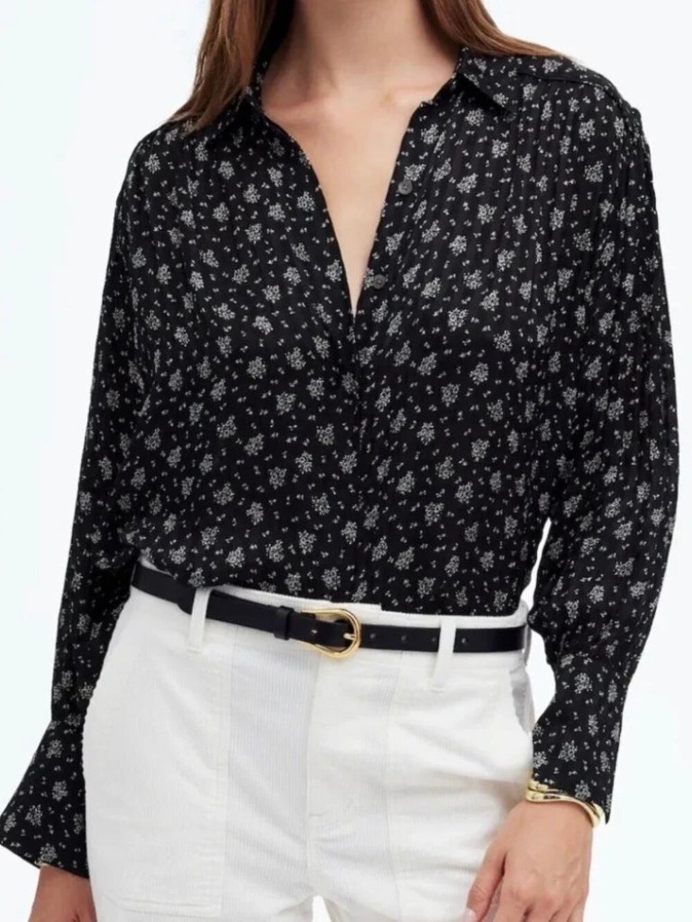 Madewell Black White Floral Button Up Long Sleeve Top